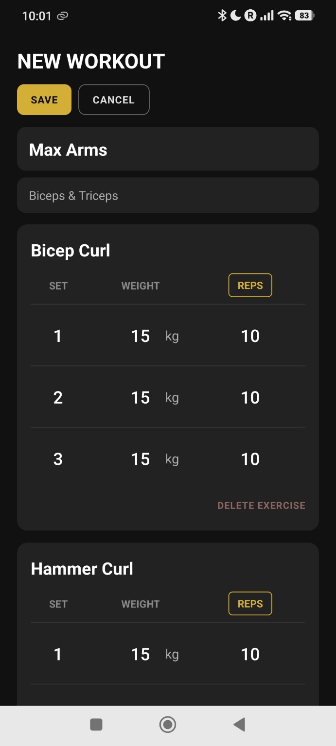 GymPro workout editing screen