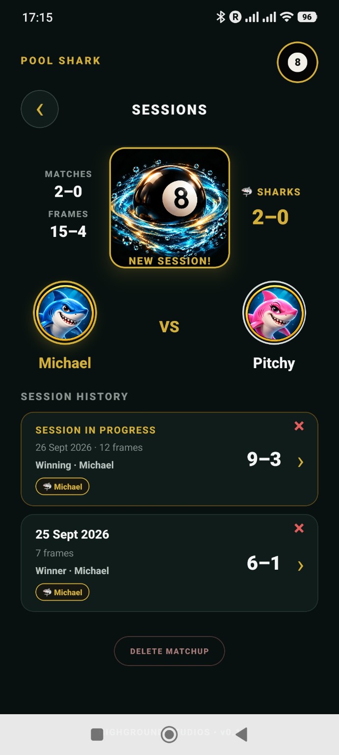 Pool Shark sessions screen