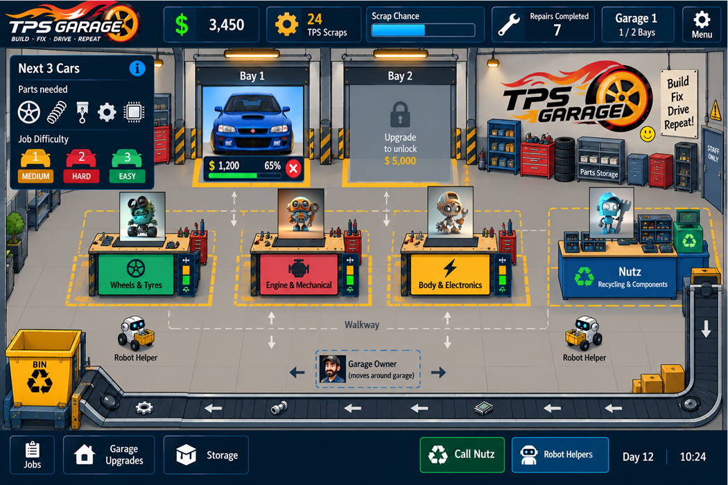 TPS Garage gameplay concept showing repair bays, Mechanix workstations, conveyor and robot helpers